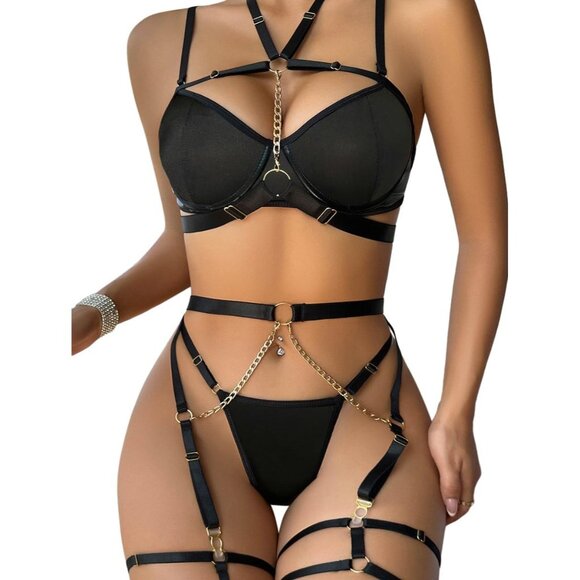 🆕Women Black Sexy Pu Leather Strappy Underwire Garter Belt Lingerie Set